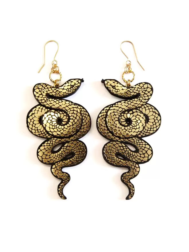 Gold & Black Serpent Earrings in Leather