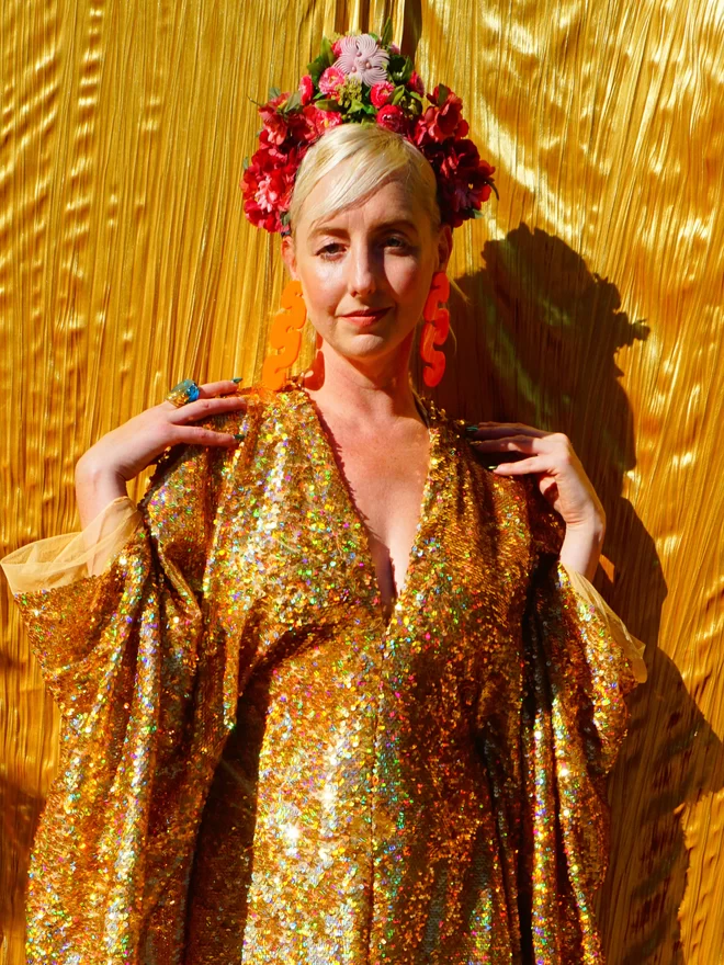 Gold Holographic Sequin V-neck Kaftan Gown