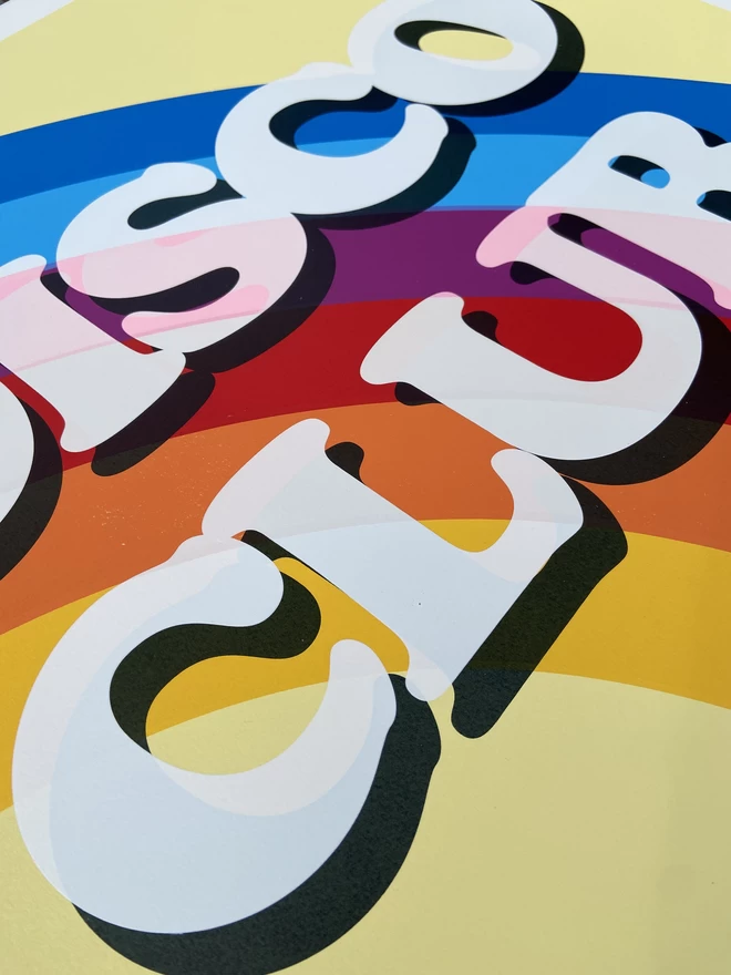 large "disco club" typography screenprint with rainbow and a cream background