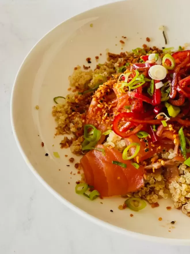 quinoa salmon salad  with furikake super easy to make and super satisfying 