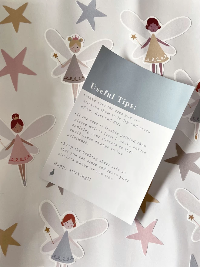 Fairy Dust wall stickers with useful tips leaflet
