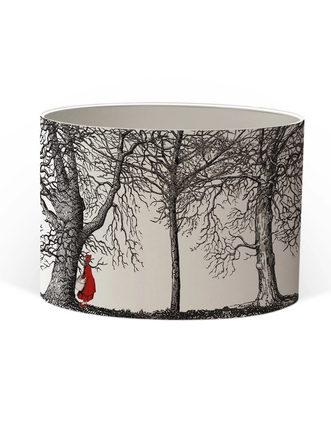 Drum Lampshade featuring Red Riding Hood with a white inner on a white background