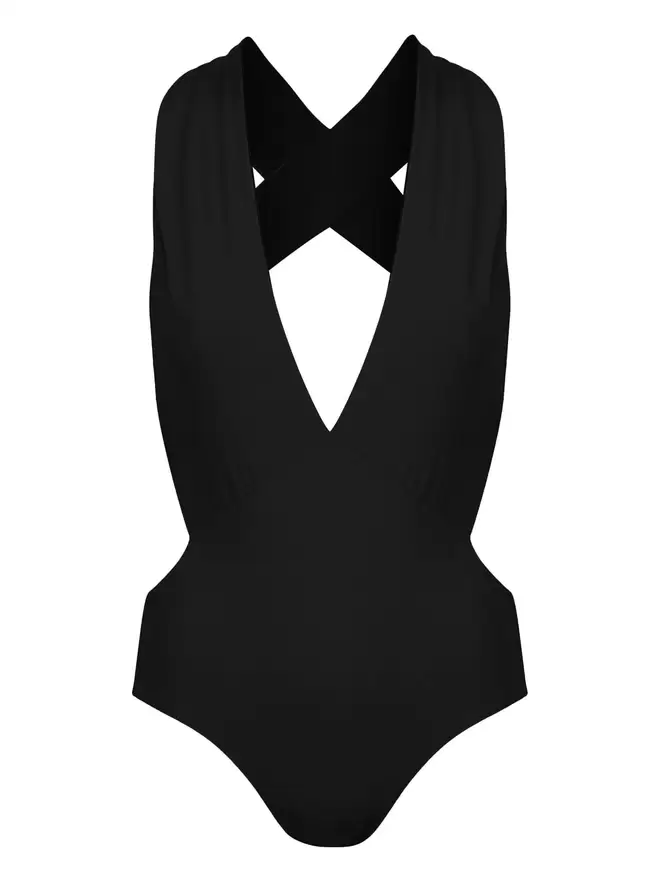 Front view of black Davy J Sustainable Waterwear cutout swimsuit with plunging neckline and wide cross back straps, on white background