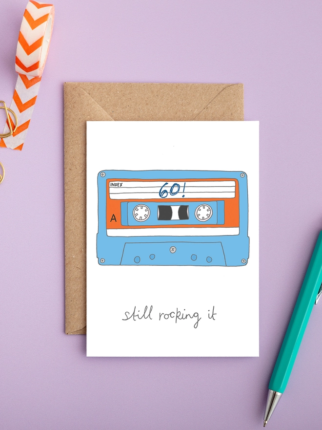 Humorous and funny gender neutral retro 60th birthday card featuring a cassette tape
