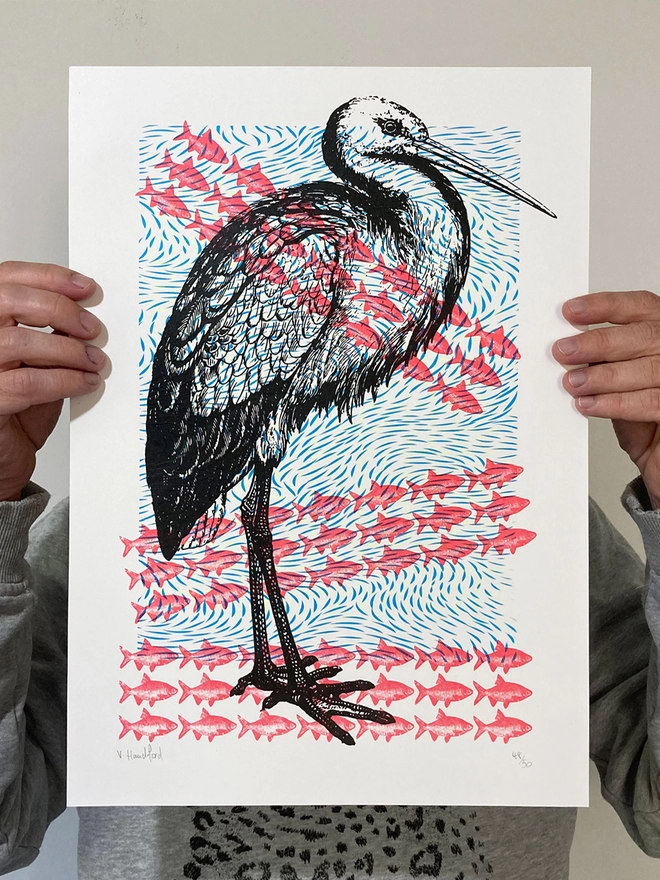 Stork By The River - Screen Printed Poster - scale shot