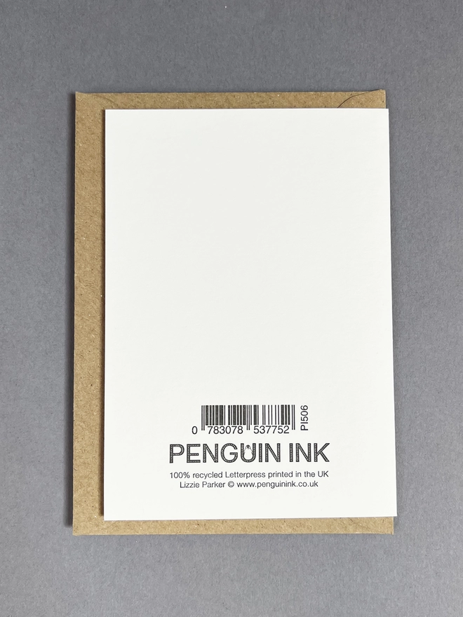 Back of the medium sized card showing the letterpress printed barcode and Penguin Ink logo
