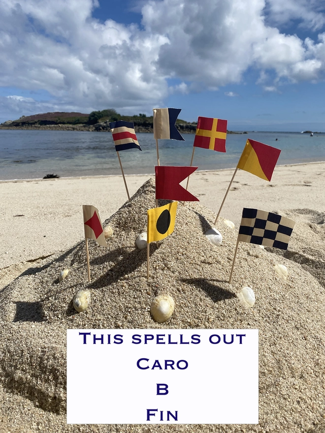 An image showing a sandcastle with flags spelling out Caro B Fin