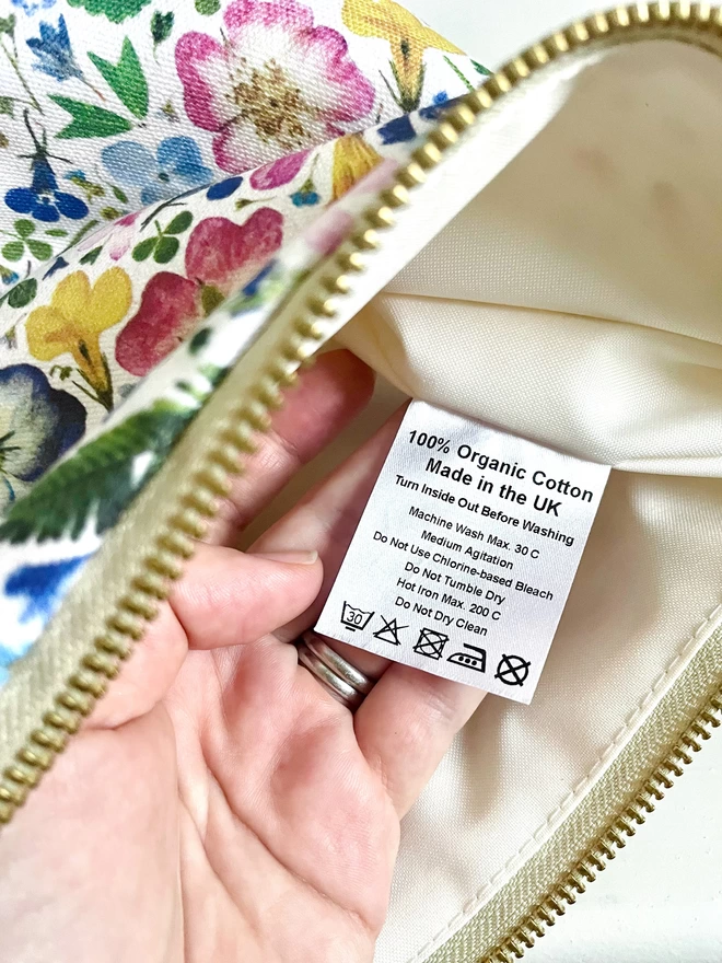 Care Instruction Label in Organic Cotton Wash Bag, Flower Print and Waterproof Lining