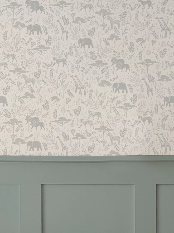 Wild safari grey Wallpaper above grey blue wall panelling