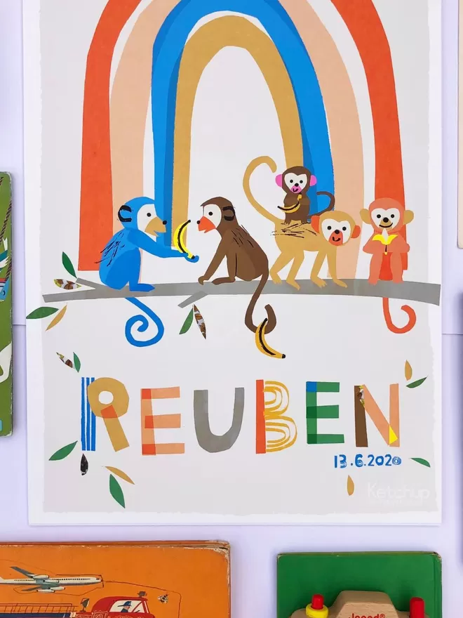 Personalised Rainbow With Monkeys Print