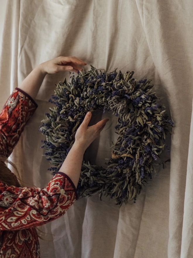Dried Sage and Lavender Wreath on a White Background