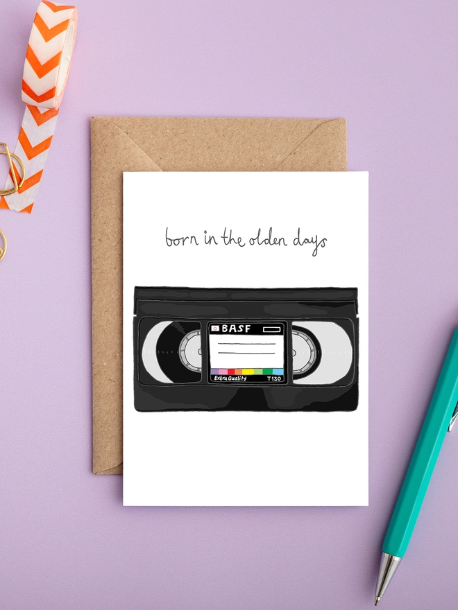 Humorous and funny gender neutral retro birthday card featuring an VHS tape