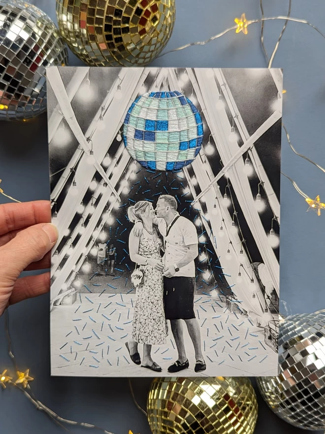 Photograph with hand embroidered disco ball and embroidered metallic ticca tape