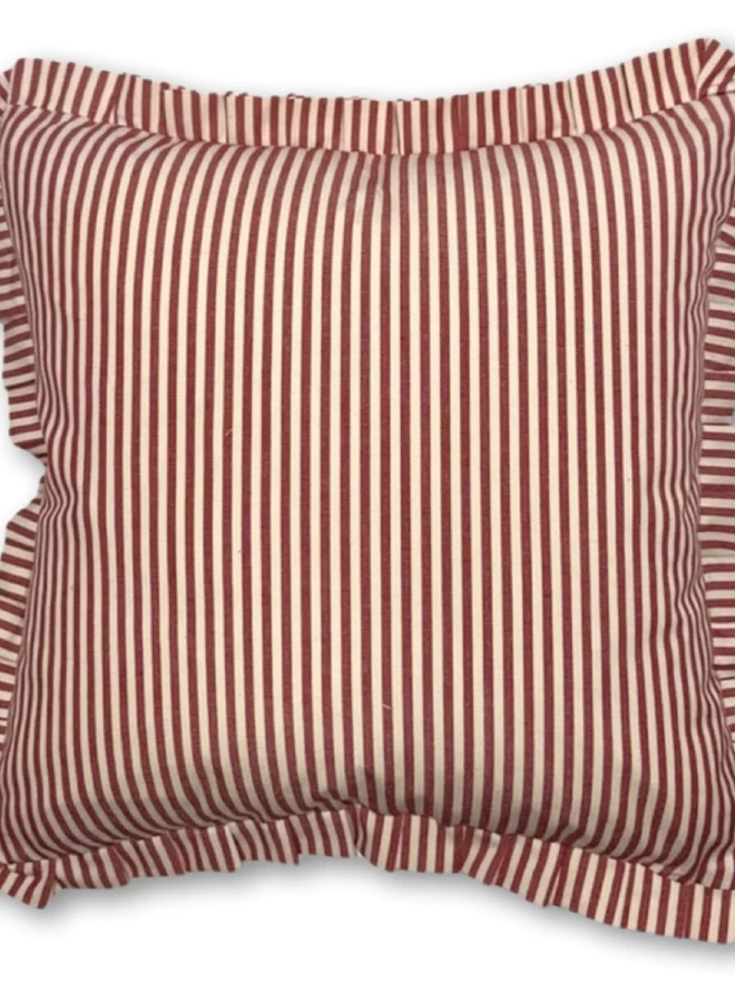 Red Candy Stripe cushion with frill 