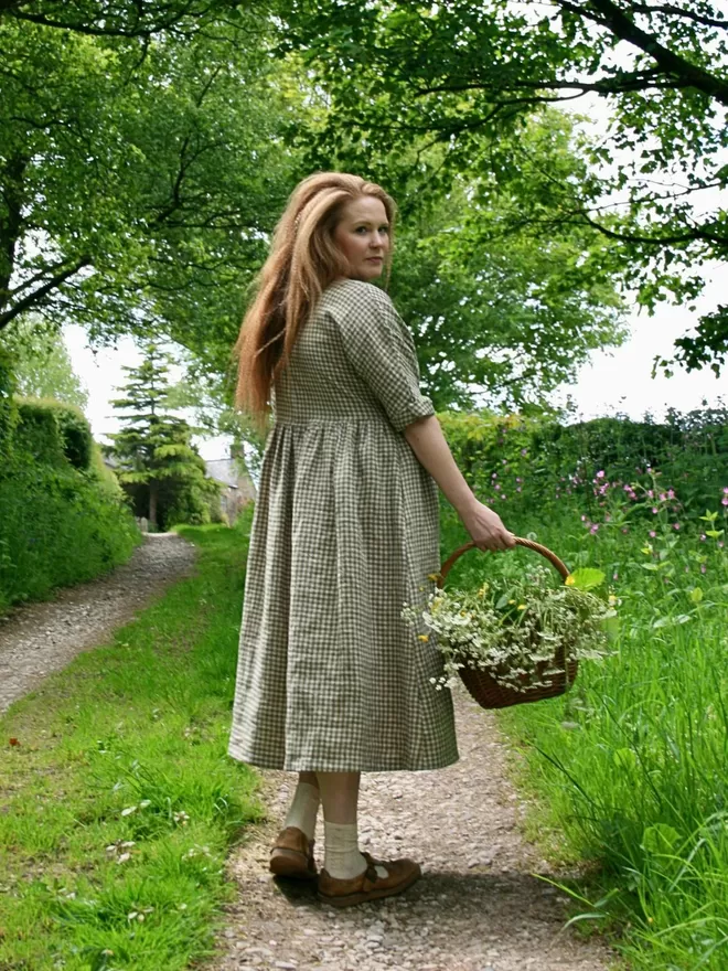 elbow length sleeve linen midi dress with full gathered skirt in orchard check