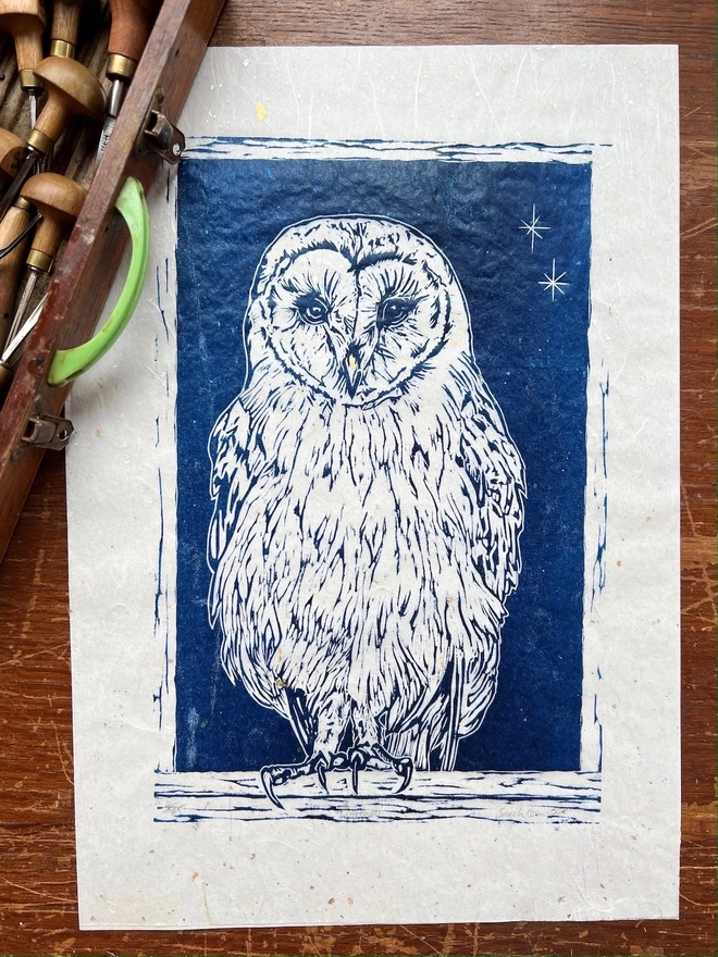 Barn owl linocut print on Japanese tissue paper