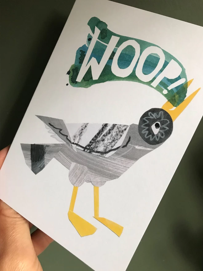Illustrated greetings card by Esther Kent showing colourful lettering reading "WOOP!' and a stylised bird.