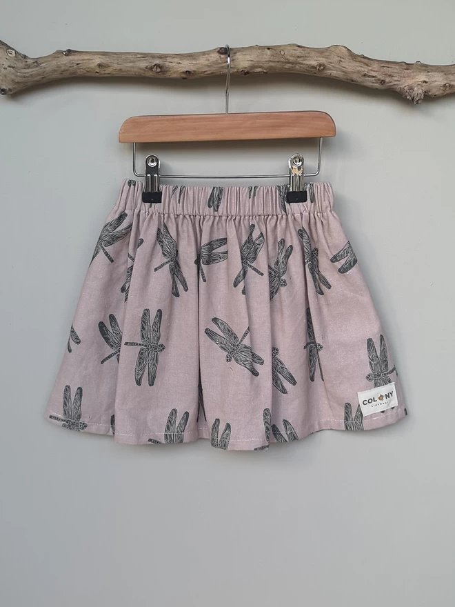 Girls Cotton Linen Blush Pink Skirt. Grey Dragonfly Print with Elasticated Waist and Side Seam Pockets.