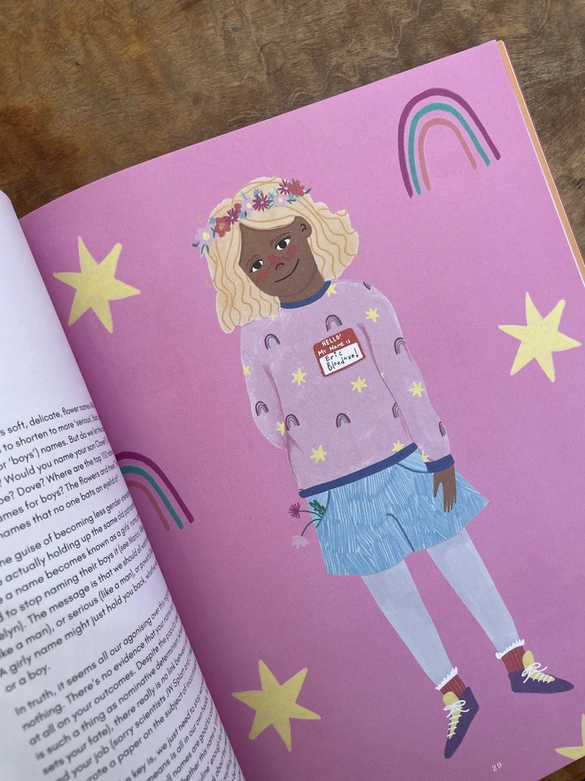 illustraition of achild with broen skin and blonde hair wearing a pink rainbow shirt and blue shorts and flowers in their hair 